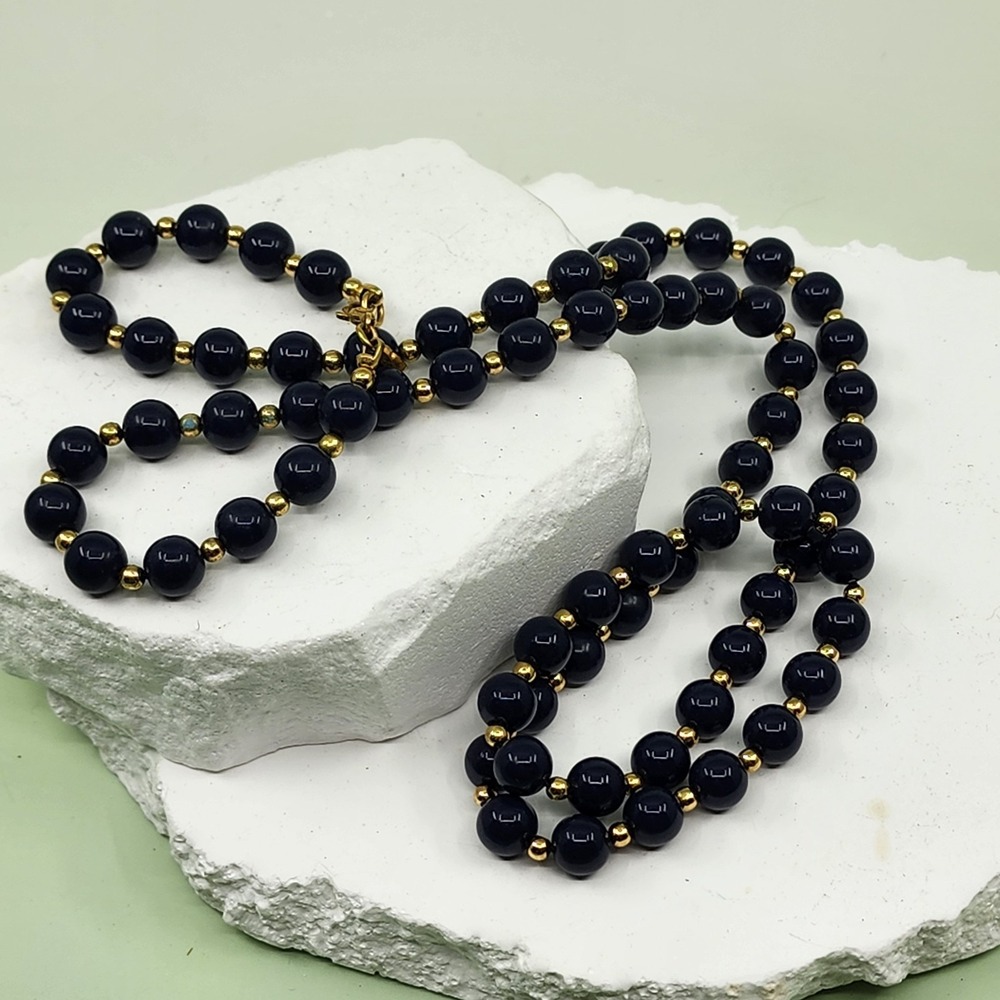 Monet Vintage Navy Blue Beaded Long Necklace Gold Tone Spacer Beads Statement